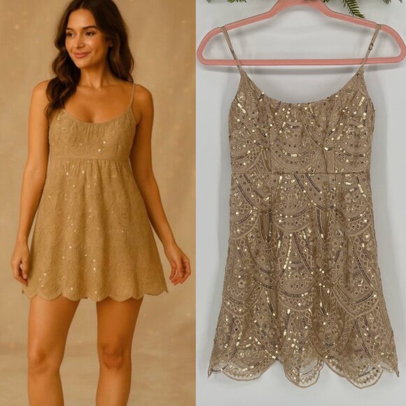 Here Comes The Sun Gold Sequin Mini Dress Boho Babydoll Fairycore Party Glam USA - Picture 1 of 16